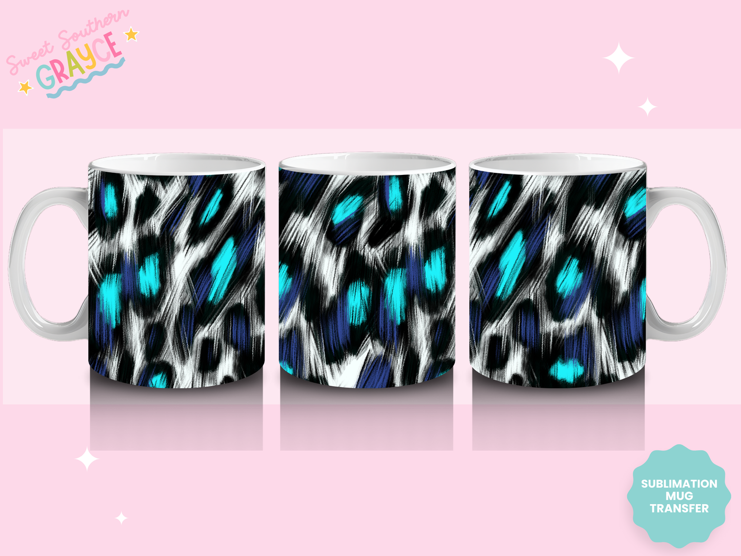 MUG SUBLIMATION TRANSFER - BLUE BOHO COW PRINT