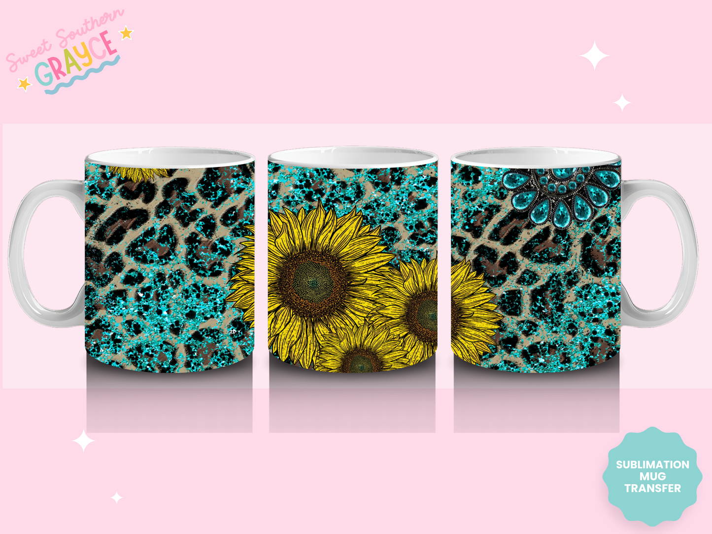 MUG SUBLIMATION TRANSFER - TURQ CHEETAH SUNFLOWERS
