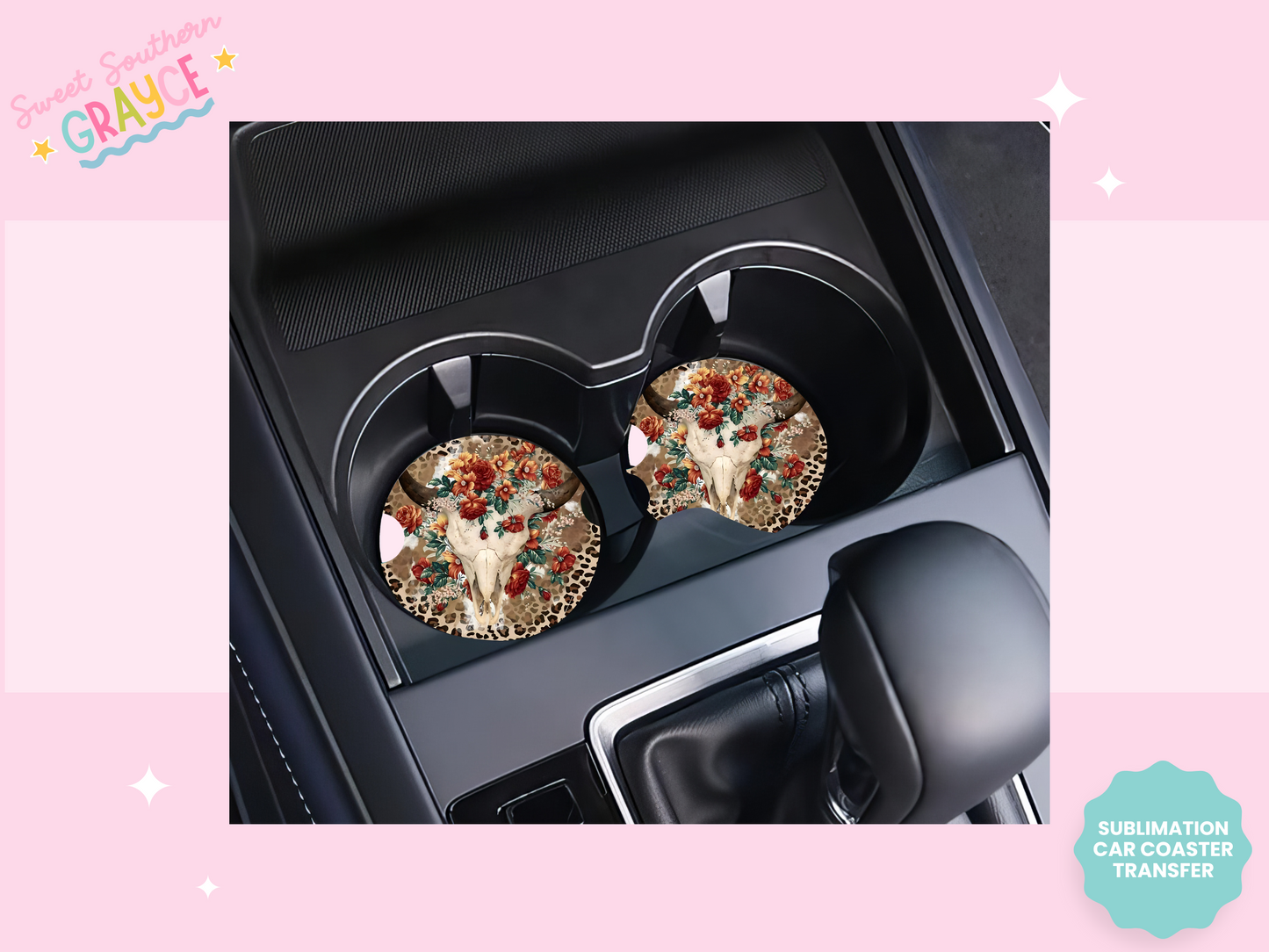 CAR COASTER SUBLIMATION TRANSFER - BOHO FLOWER SKULL
