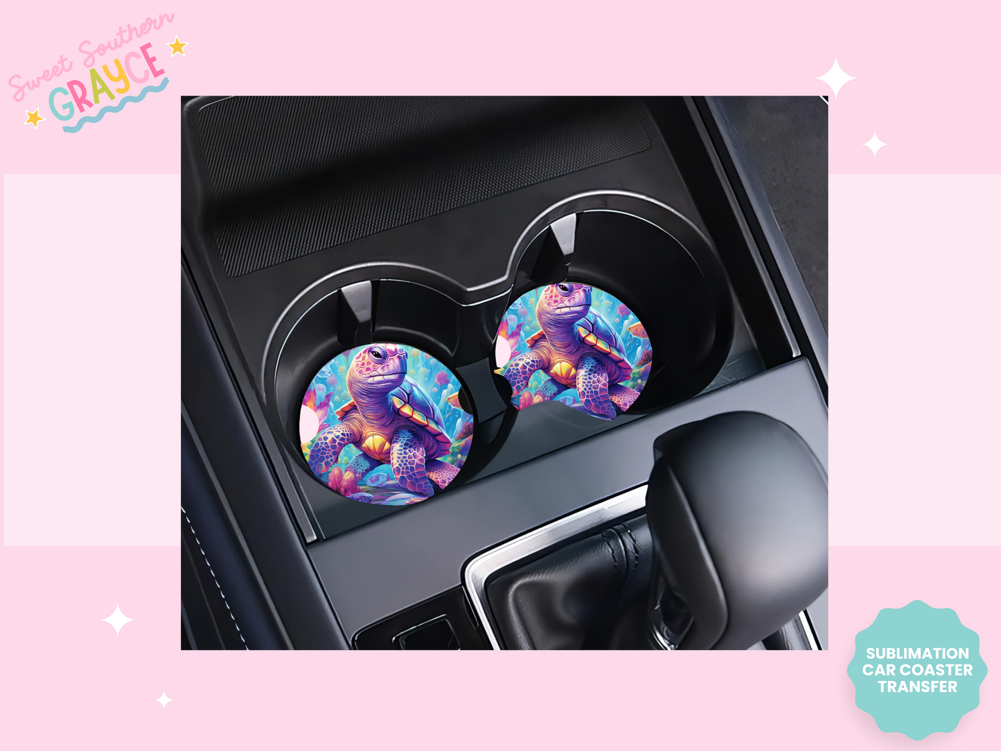 CAR COASTER SUBLIMATION TRANSFER - WATERCOLOR TURTLE