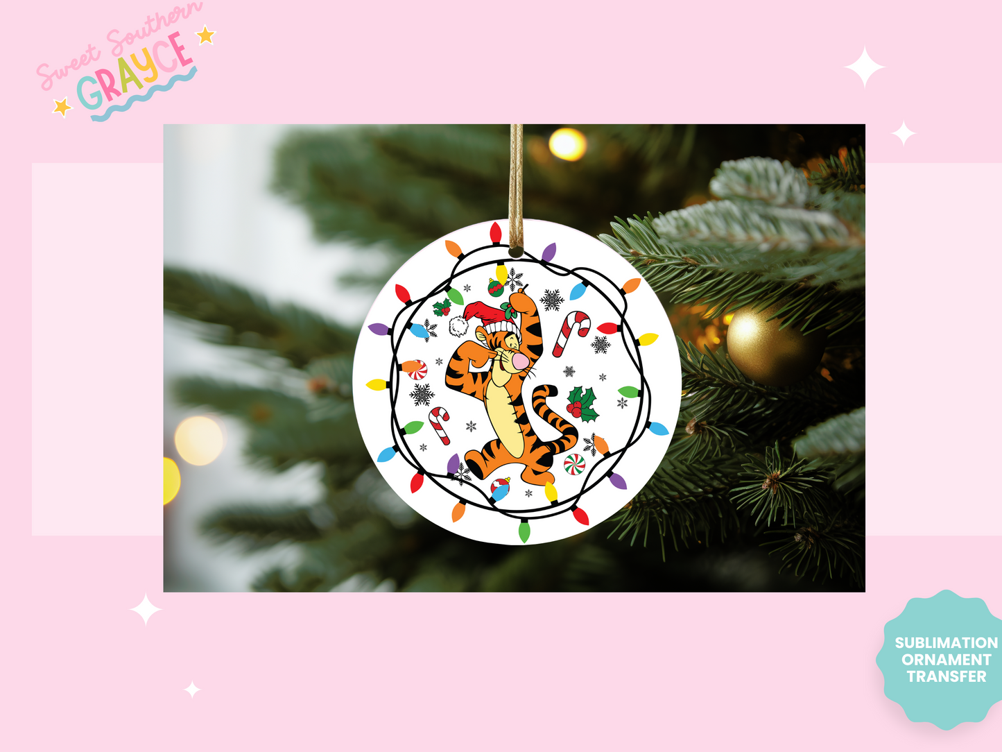 ORNAMENT SUBLIMATION TRANSFER - CHRISTMAS LIGHTS SILLY TIGER