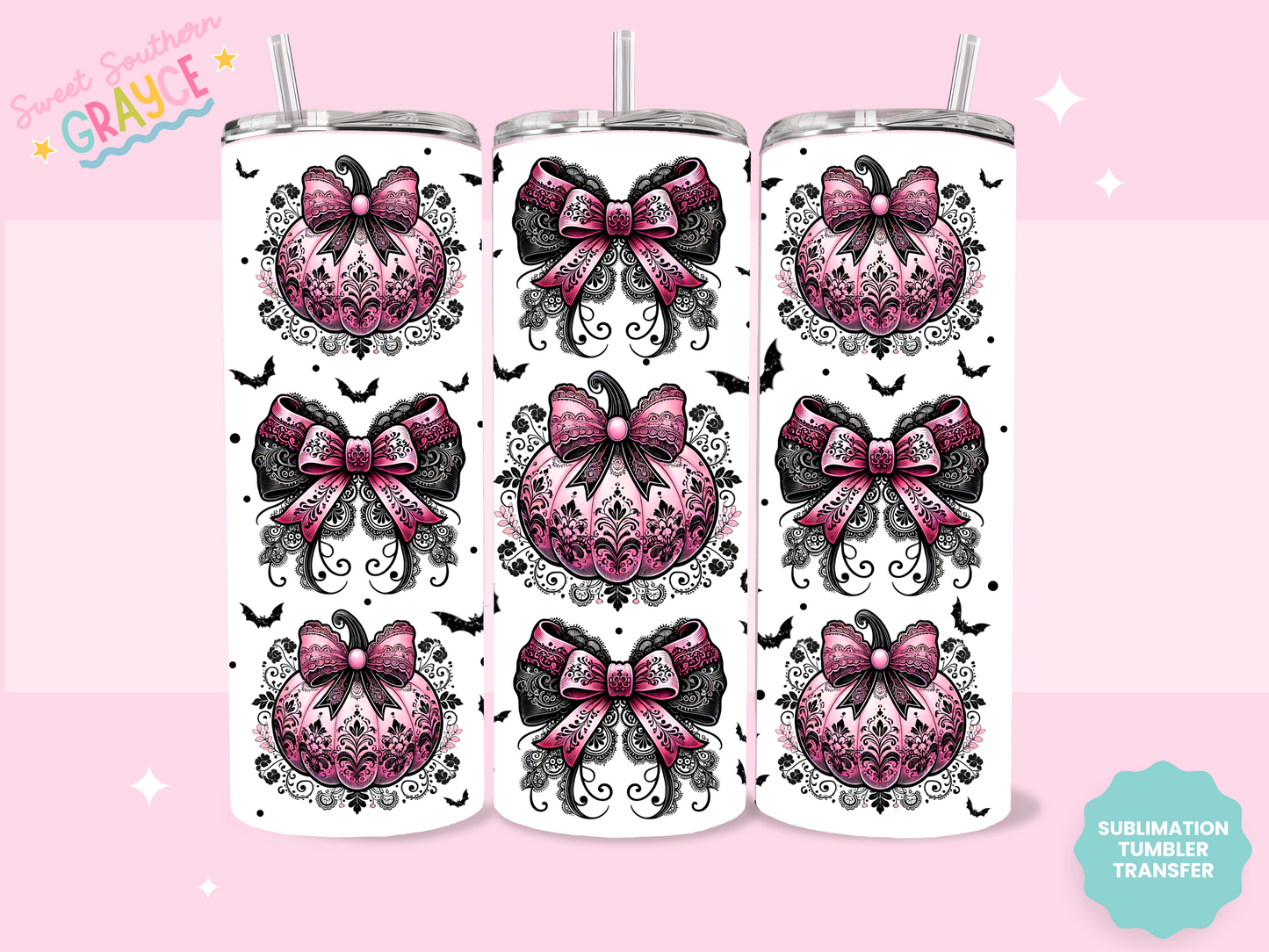 20oz SUBLIMATION TRANSFER - LACE PUMPKIN BOWS