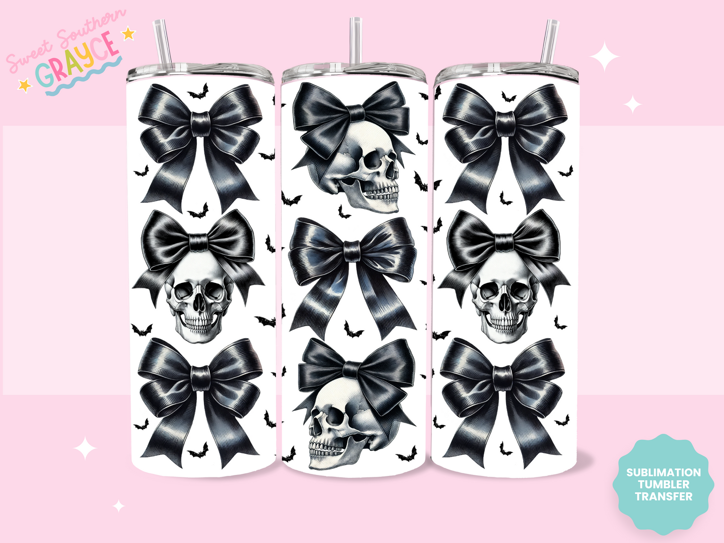 20oz SUBLIMATION TRANSFER - SKULL BLACK BOWS