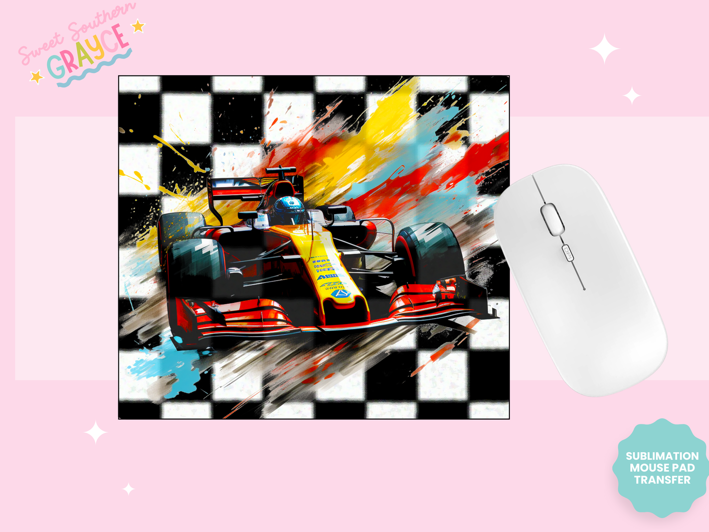 MOUSE PAD SUBLIMATION TRANSFER - CHECKERED RACE CAR