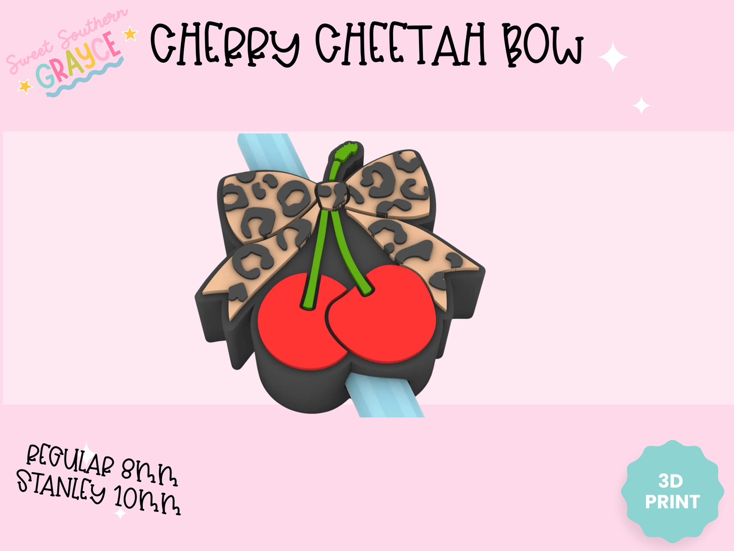 3D STRAW TOPPER- CHERRY CHEETAH BOW