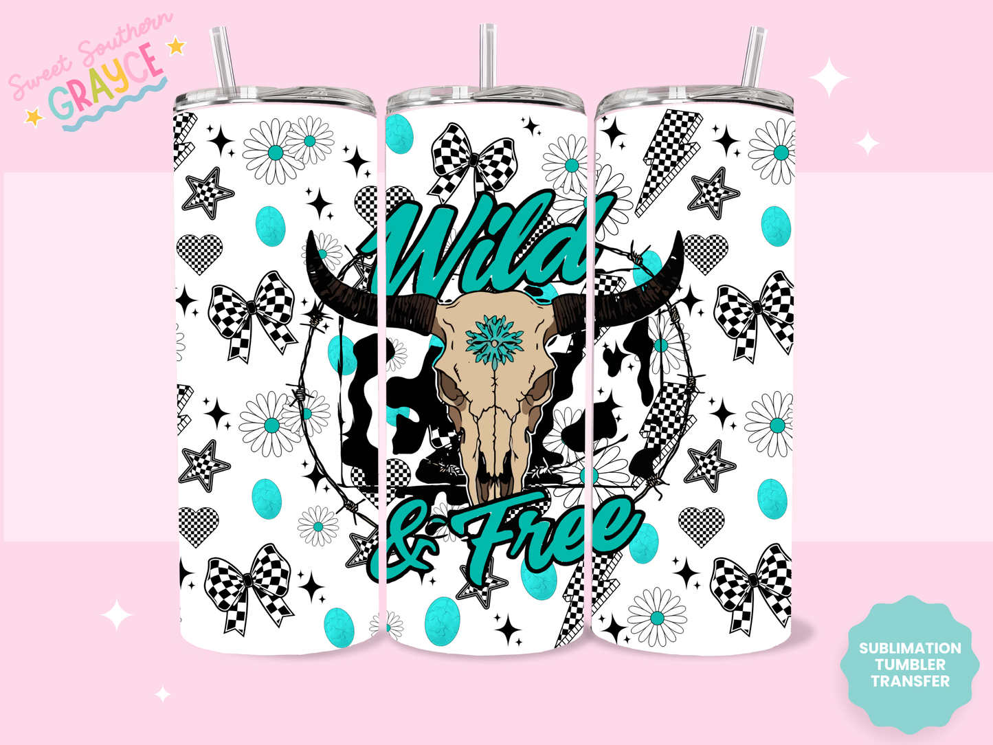 20oz SUBLIMATION TRANSFER- TURQ COW SKULL