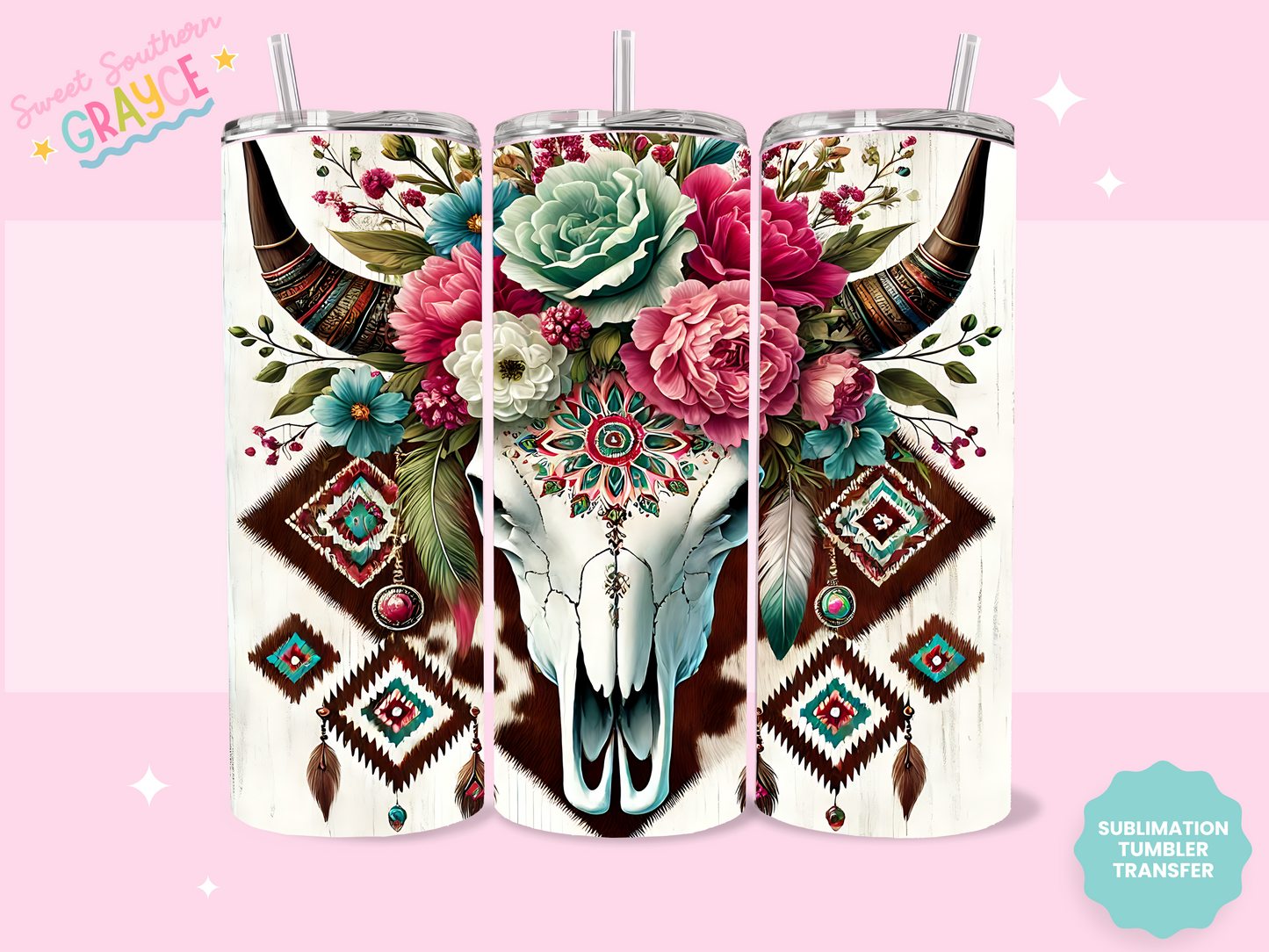 20oz SUBLIMATION TRANSFER - FLORAL BULL SKULL