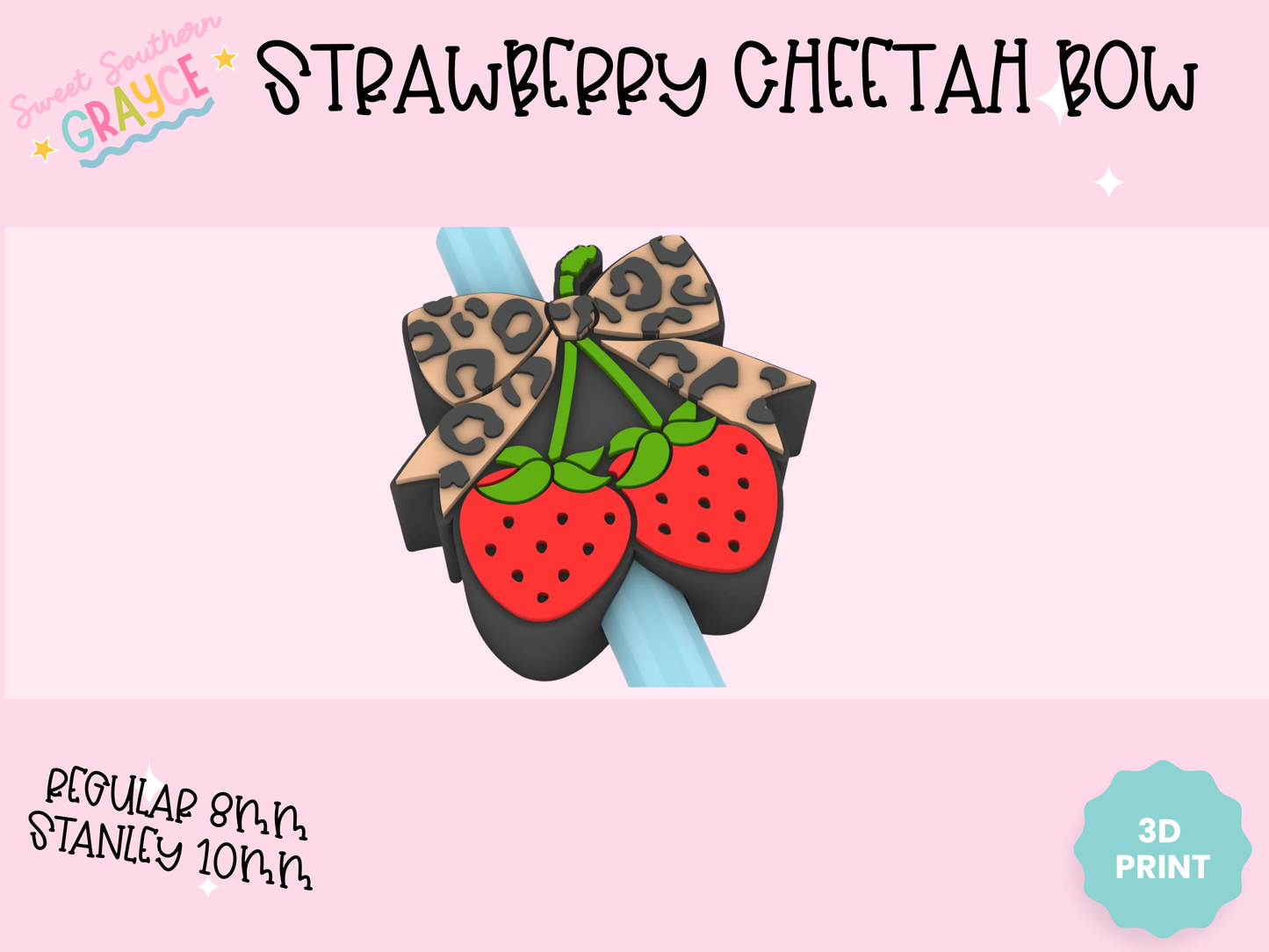 3D STRAW TOPPER- STRAWBERRY CHEETAH BOW