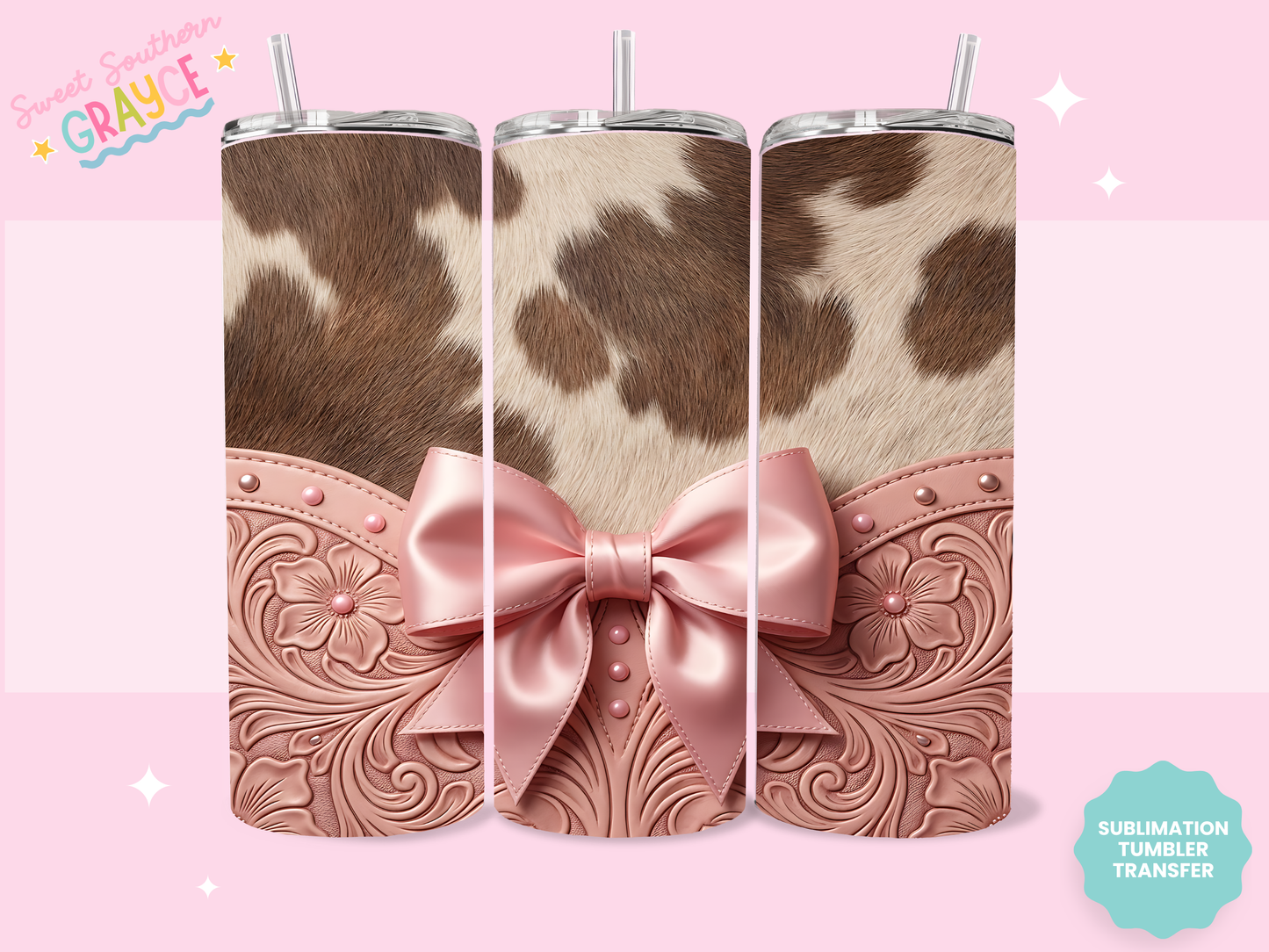 20oz SUBLIMATION TRANSFER- PINK BOW COWHIDE