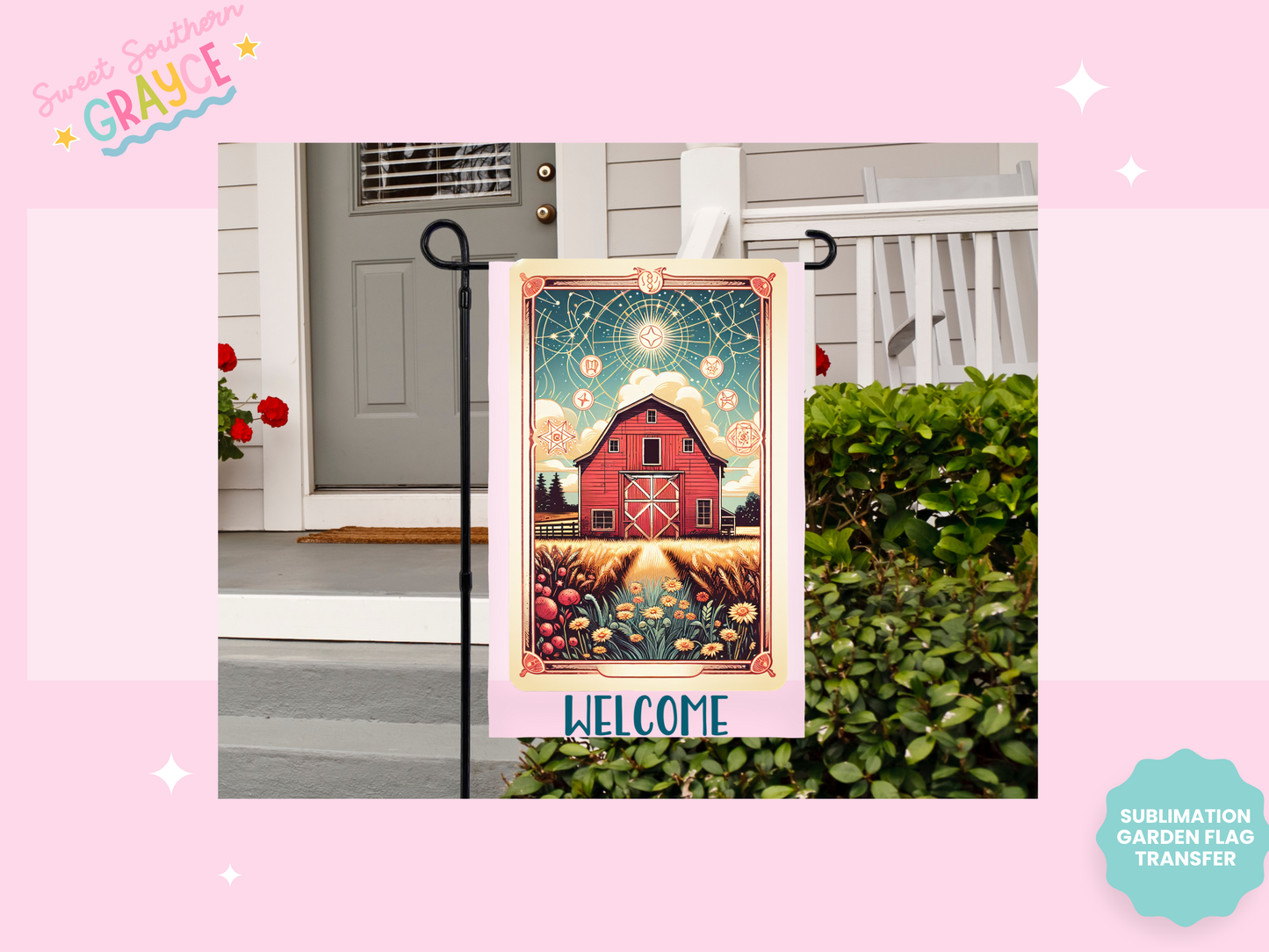 GARDEN FLAG SUBLIMATION TRANSFER - WELCOME RED BARN