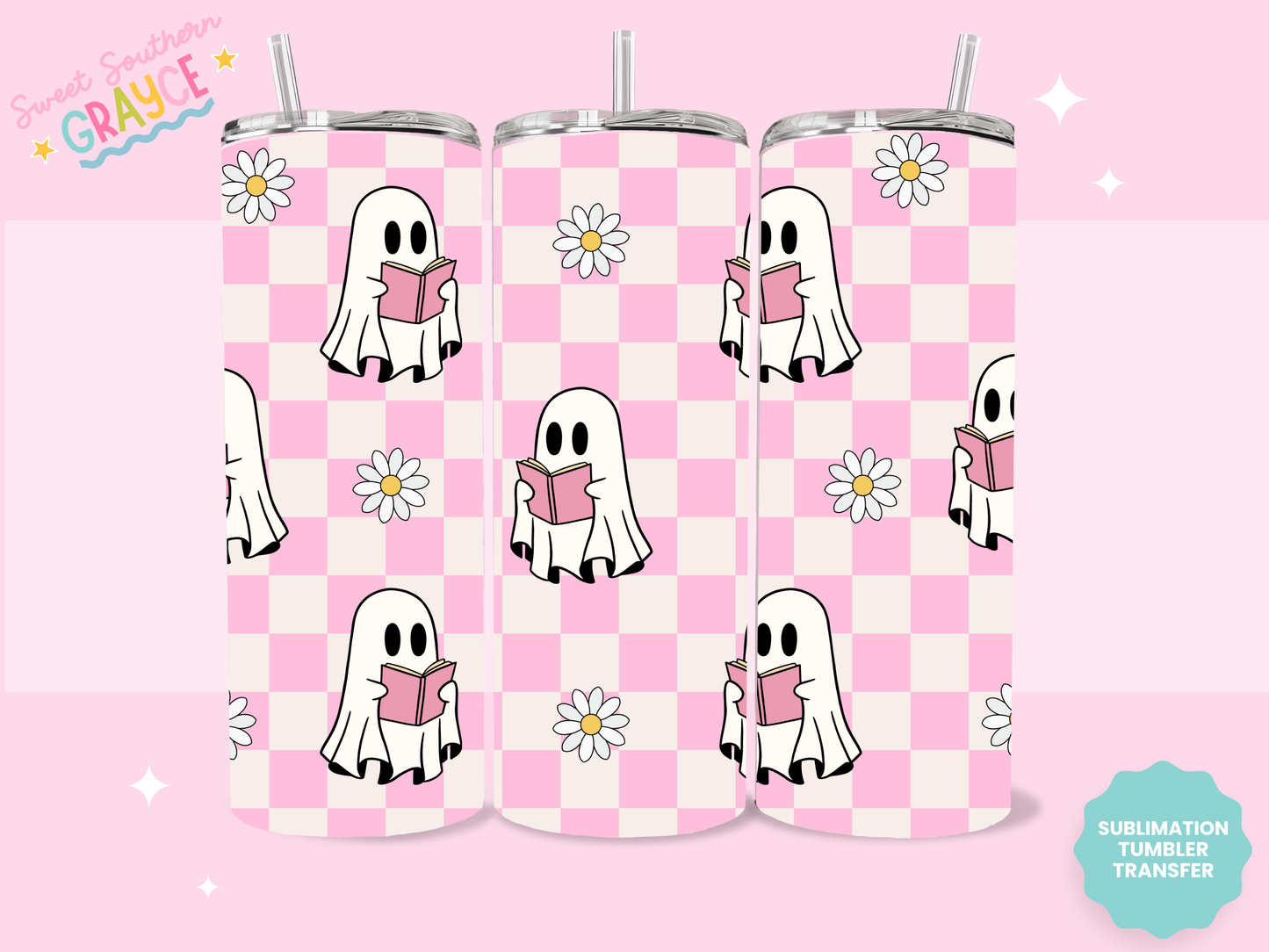 20oz SUBLIMATION TRANSFER- PINK CHECKERED GHOSTIES