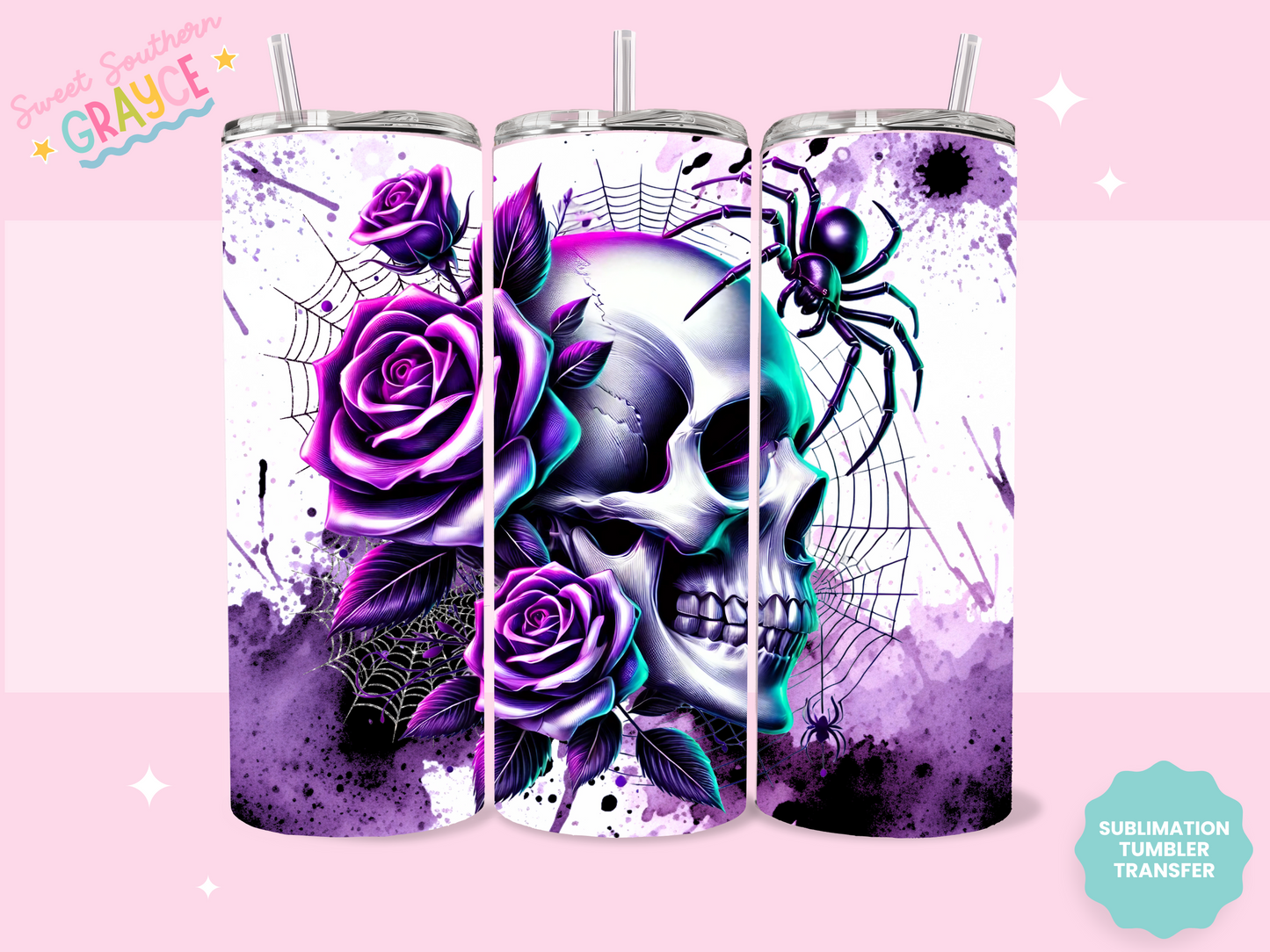 20oz SUBLIMATION TRANSFER - PURPLE SKULL WITH SPIDER