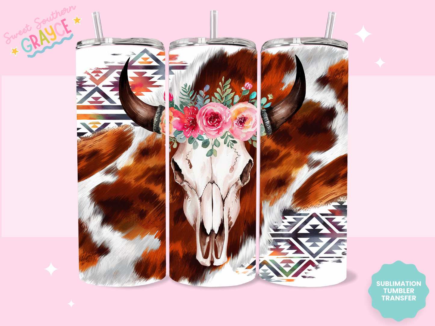 20oz SUBLIMATION TRANSFER - BOHO AZTEC SKULL