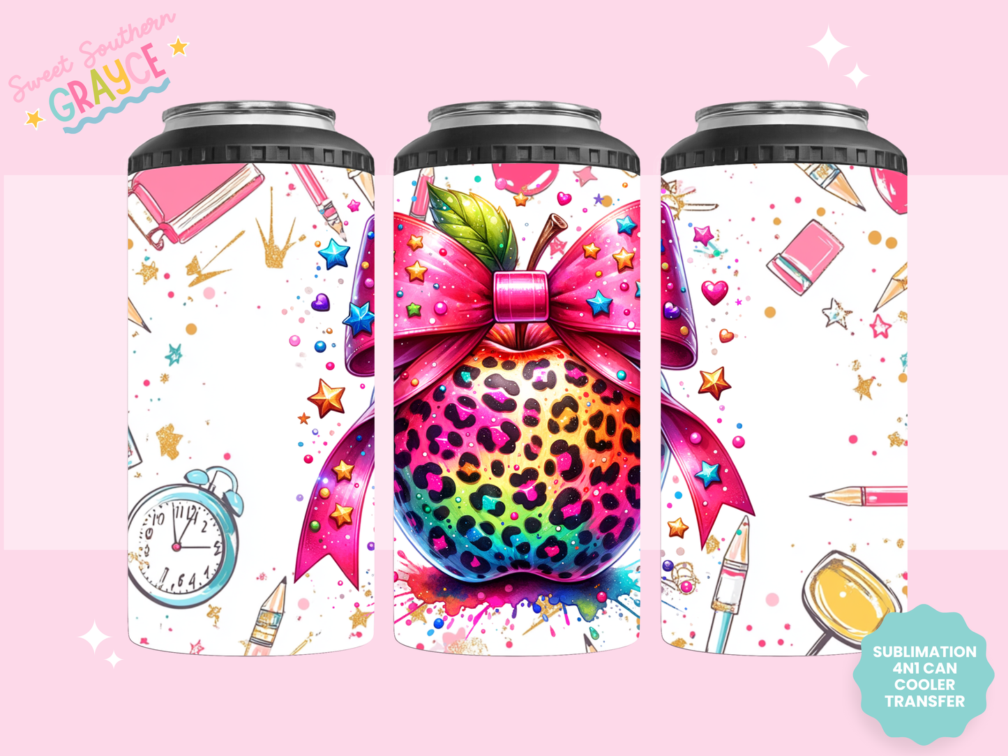 4n1 CAN COOLER TRANSFER- COLORFUL LEOPARD APPLE