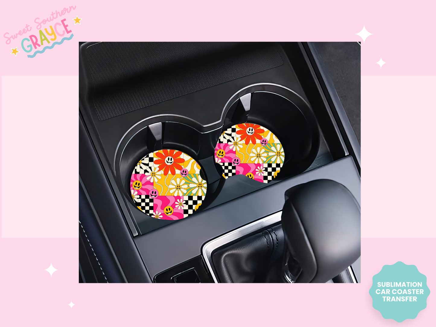 CAR COASTER SUBLIMATION TRANSFER - GROOVY SMILIES