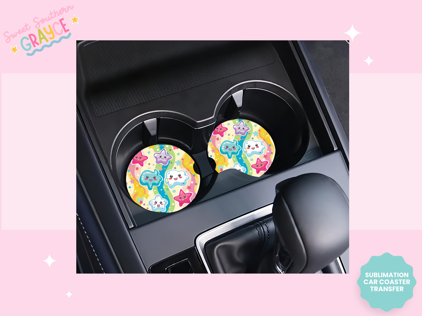 CAR COASTER SUBLIMATION TRANSFER - GROOVY CLOUDS AND STARS