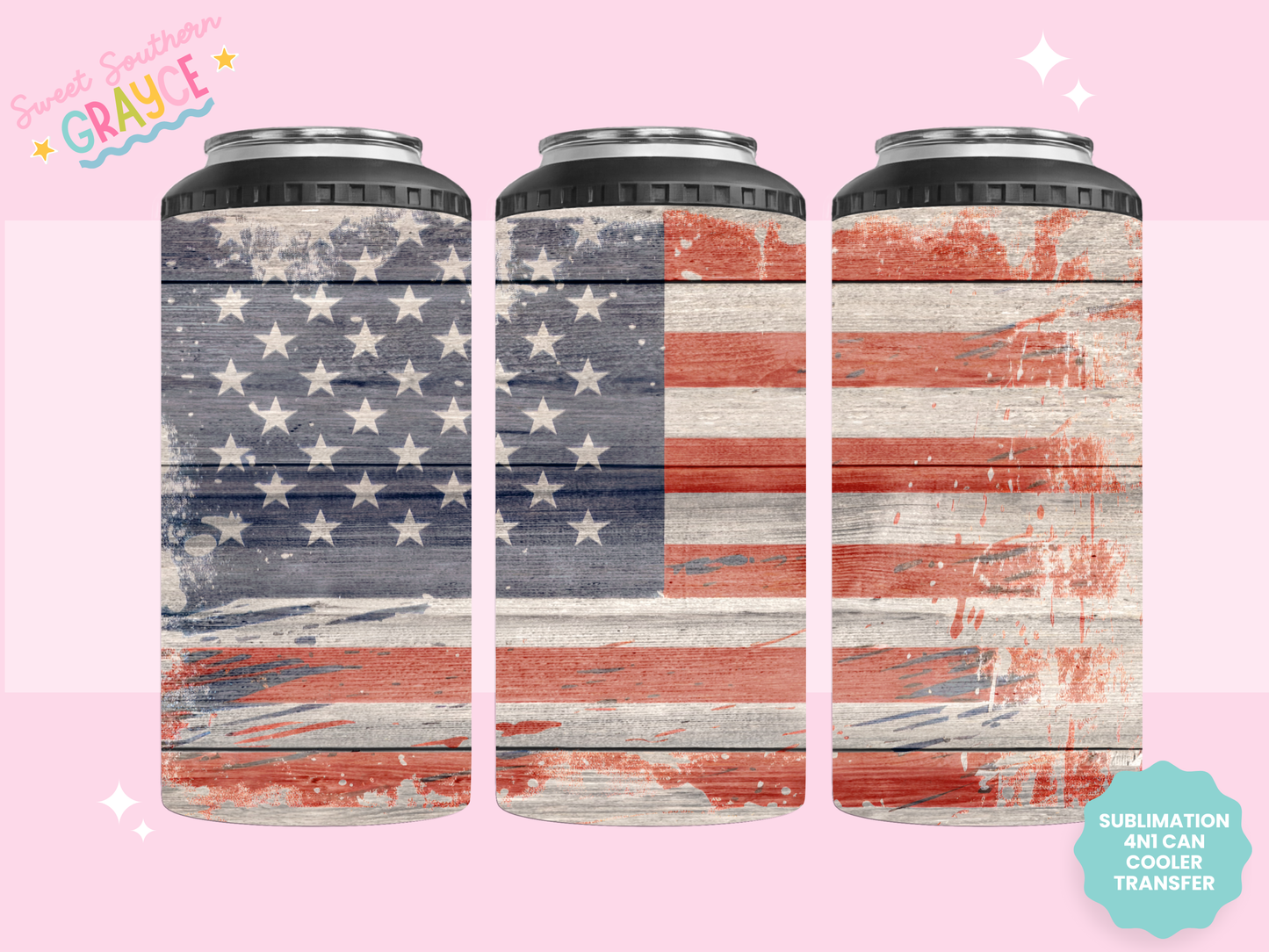 4n1 CAN COOLER TRANSFER- RUSTIC AMERICAN FLAG