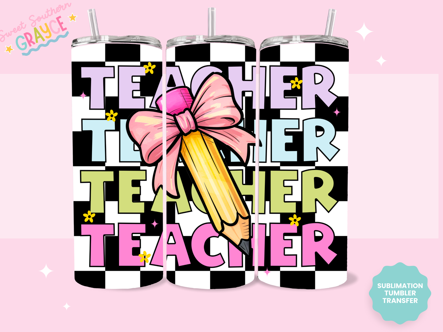 20oz SUBLIMATION TRANSFER - CHECKERED TEACHER BOW