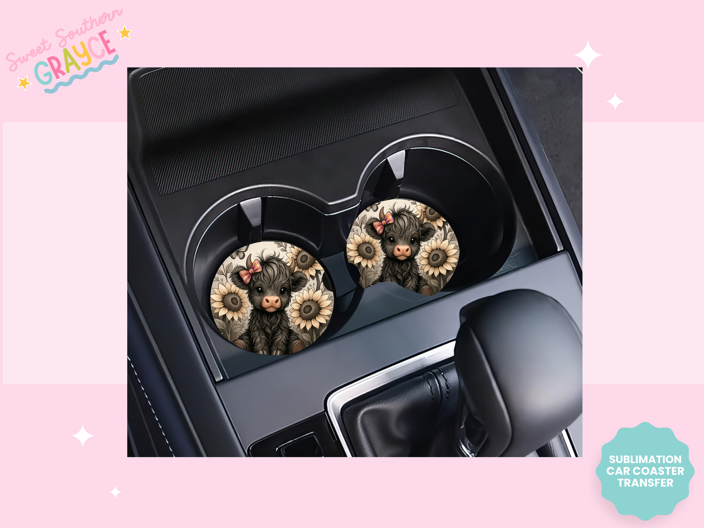 CAR COASTER SUBLIMATION TRANSFER - SUNFLOWER HEIFER