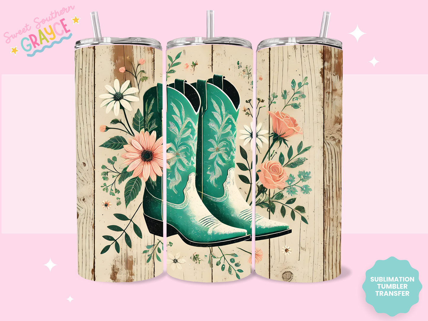 20oz SUBLIMATION TRANSFER - TEAL COWBOY BOOTS