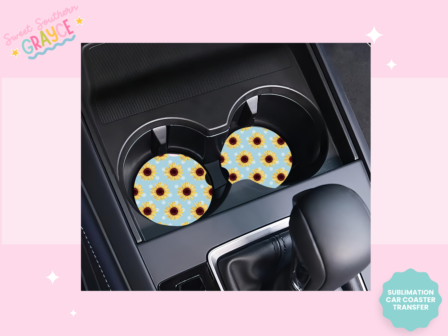 CAR COASTER SUBLIMATION TRANSFER - BLUE POLKA DOT SUNFLOWERS