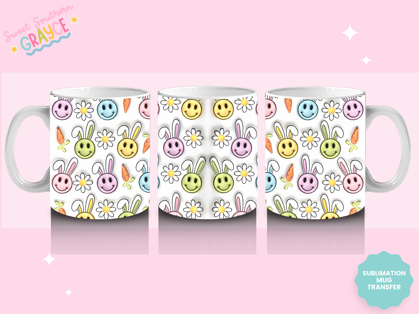 MUG SUBLIMATION TRANSFER - PUFFY SMILEY BUNNIES