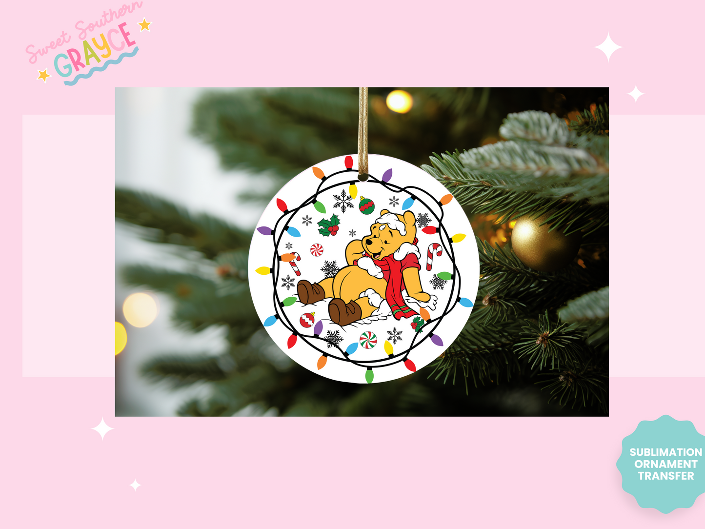 ORNAMENT SUBLIMATION TRANSFER - CHRISTMAS LIGHTS HONEYBEAR