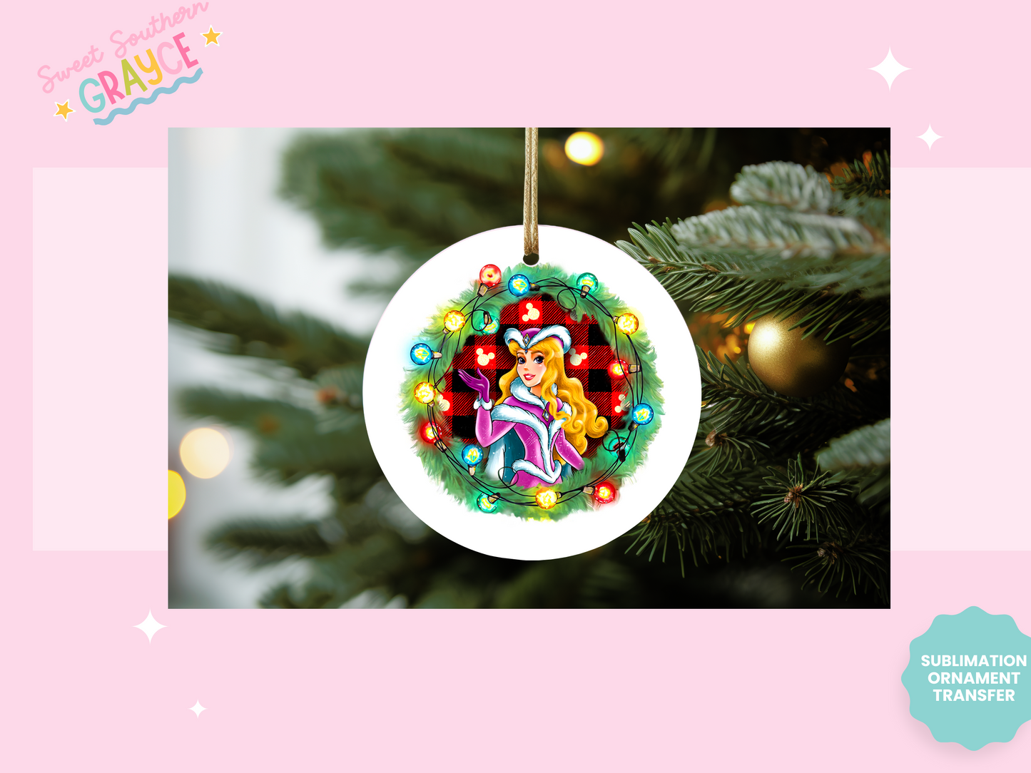 ORNAMENT SUBLIMATION TRANSFER - GREEN FLANNEL PINK SLEEPING PRINCESS