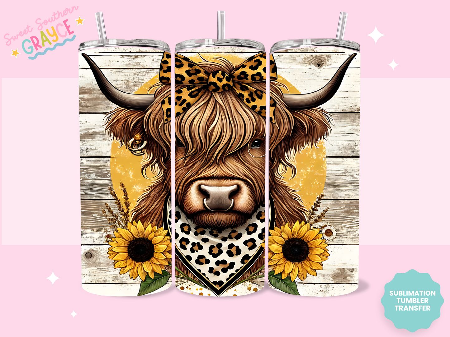 20oz SUBLIMATION TRANSFER - CHEETAH SUNFLOWER HEIFER