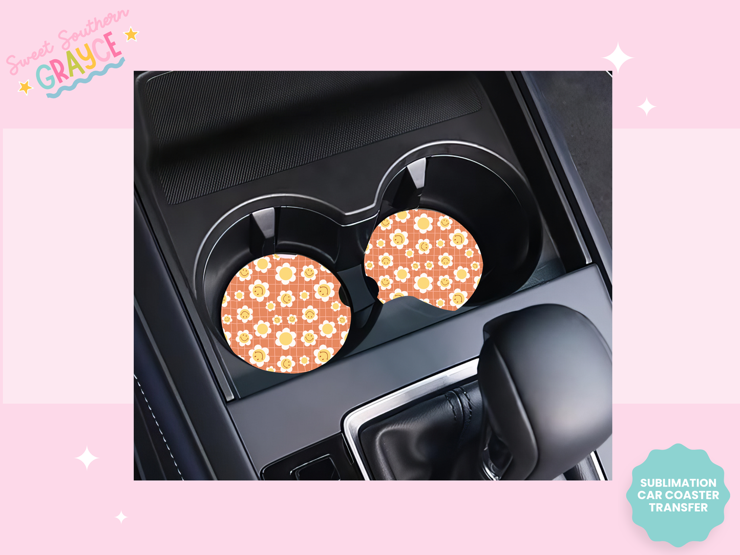 CAR COASTER SUBLIMATION TRANSFER - CHECKERED ORANGE SMILEY