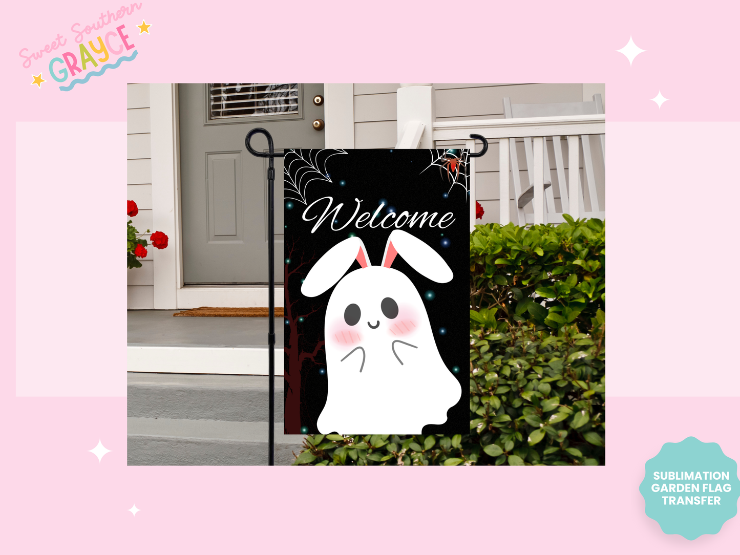 GARDEN FLAG SUBLIMATION TRANSFER - WELCOME GHOST BUNNY