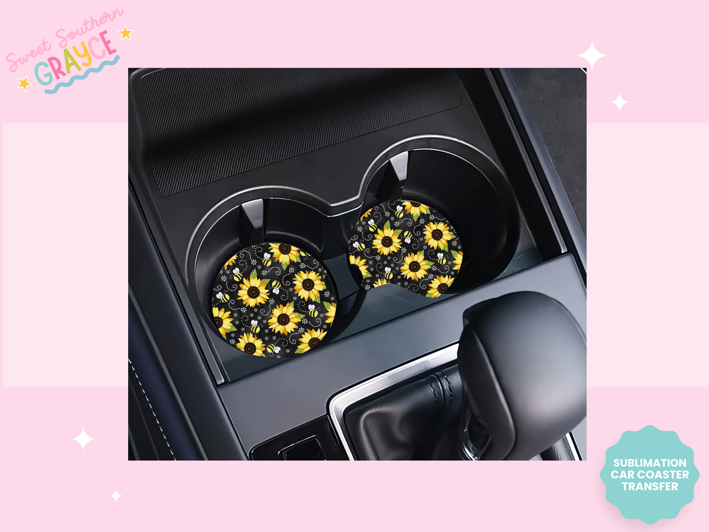 CAR COASTER SUBLIMATION TRANSFER - BLACK SUNFLOWER AND BEE'S