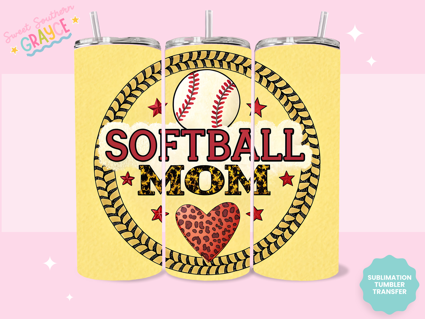 20oz SUBLIMATION TRANSFER - YELLOW CHEETAH SOFTBALL MOM CIRCLE