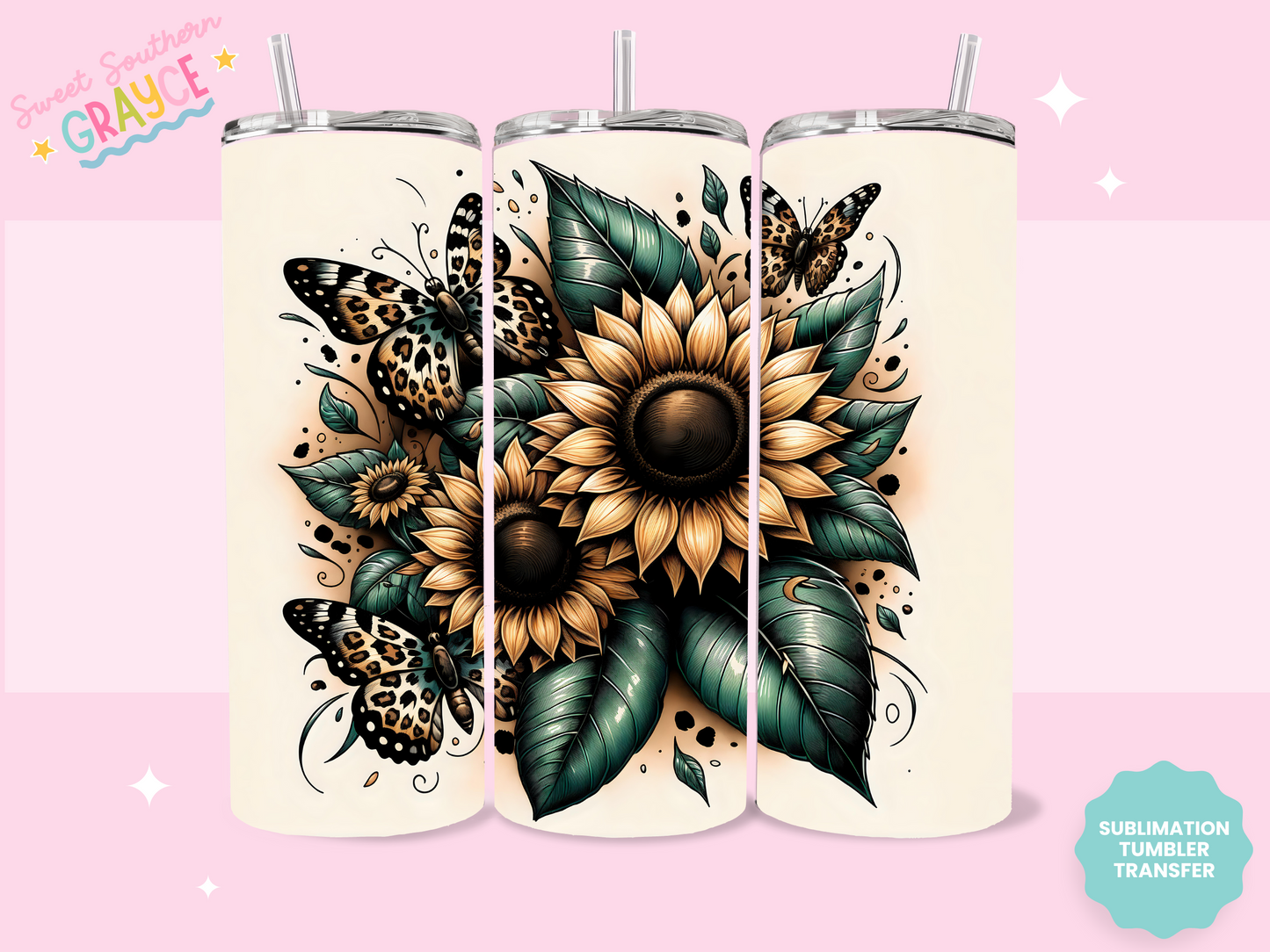 20oz SUBLIMATION TRANSFER - CHEETAH BUTTERFLIES WITH SUNFLOWERS