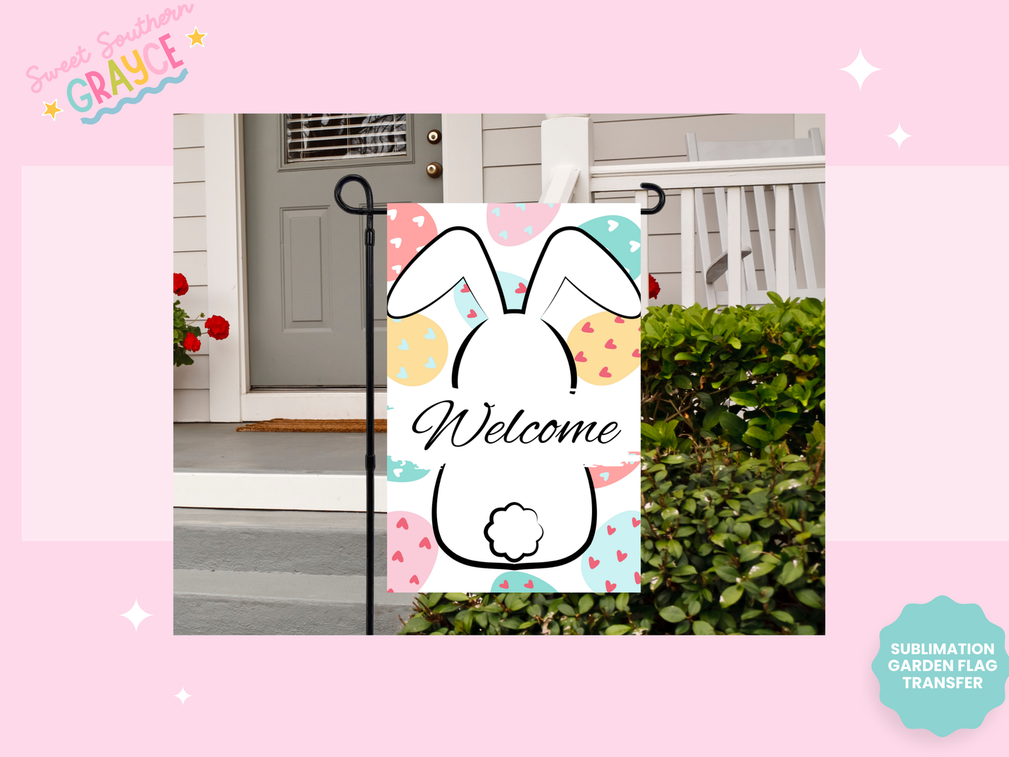GARDEN FLAG SUBLIMATION TRANSFER - WELCOME BUNNY