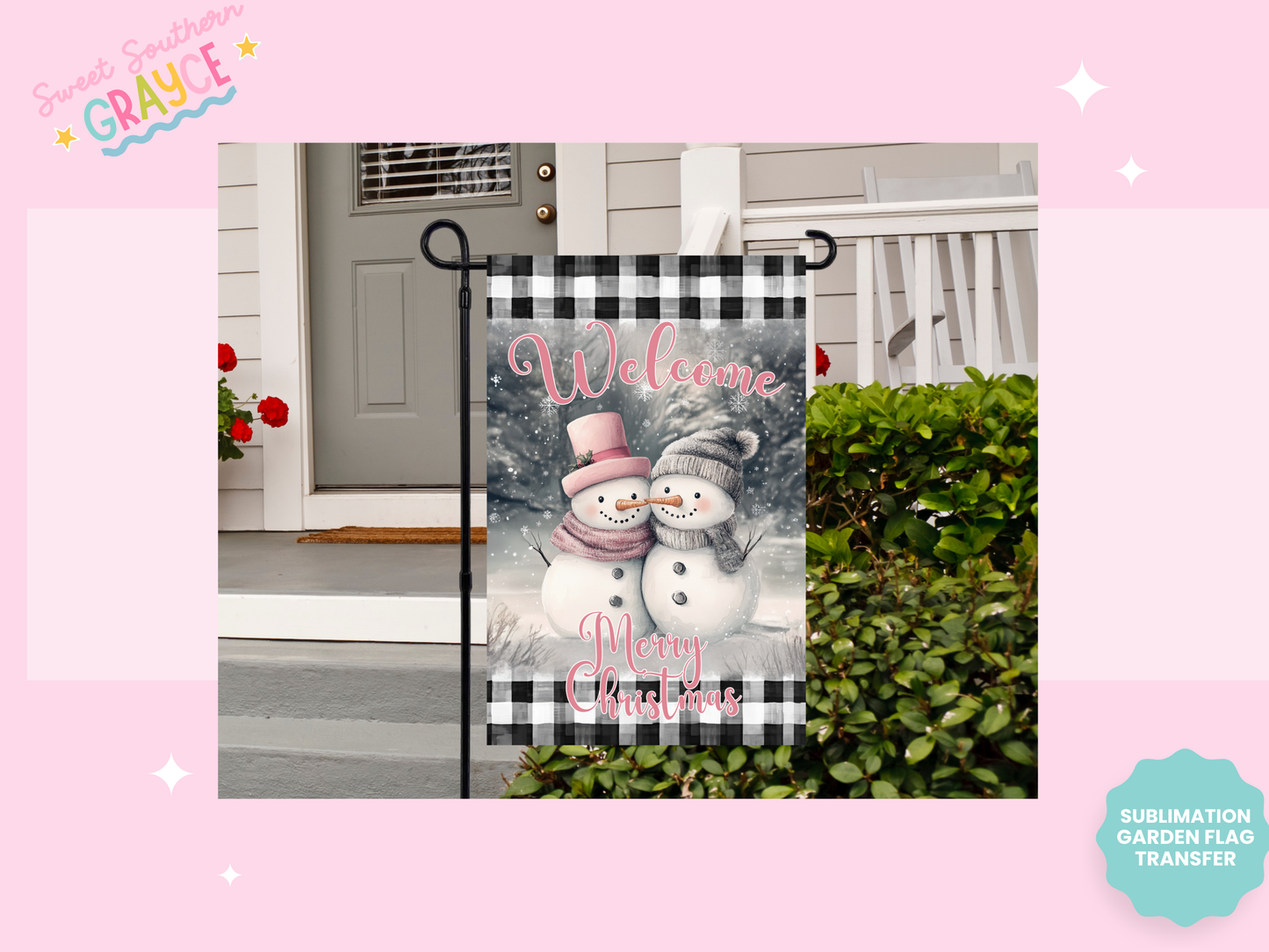 GARDEN FLAG SUBLIMATION TRANSFER - WELCOME PINK SNOWMEN