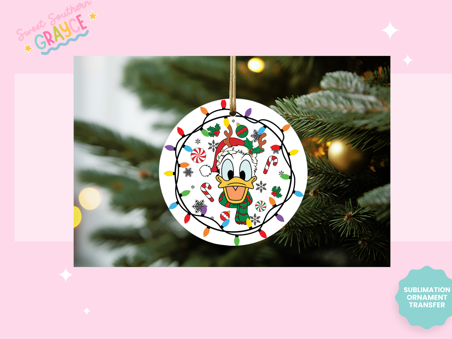 ORNAMENT SUBLIMATION TRANSFER - CHRISTMAS LIGHTS BOY DUCK