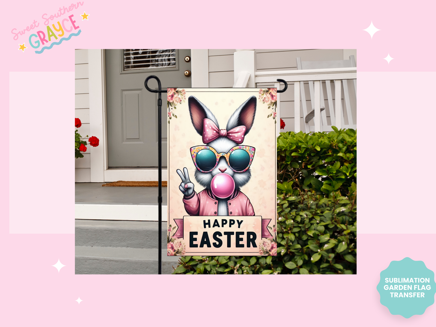 GARDEN FLAG SUBLIMATION TRANSFER - BUBBLEGUM EASTER BUNNY