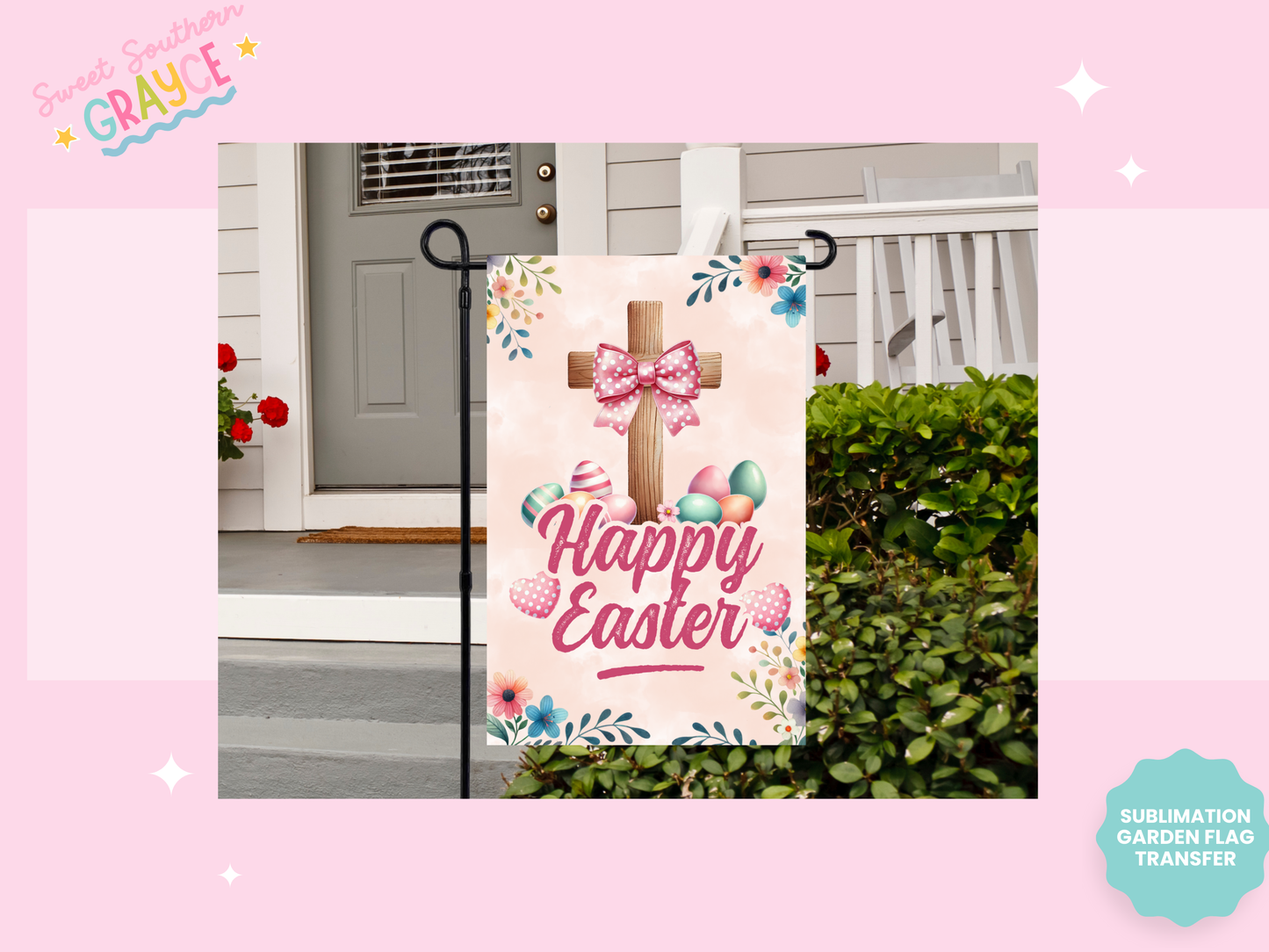 GARDEN FLAG SUBLIMATION TRANSFER - HAPPY EASTER CROSS