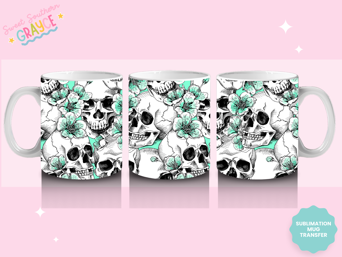 MUG SUBLIMATION TRANSFER - MINT SKULLS