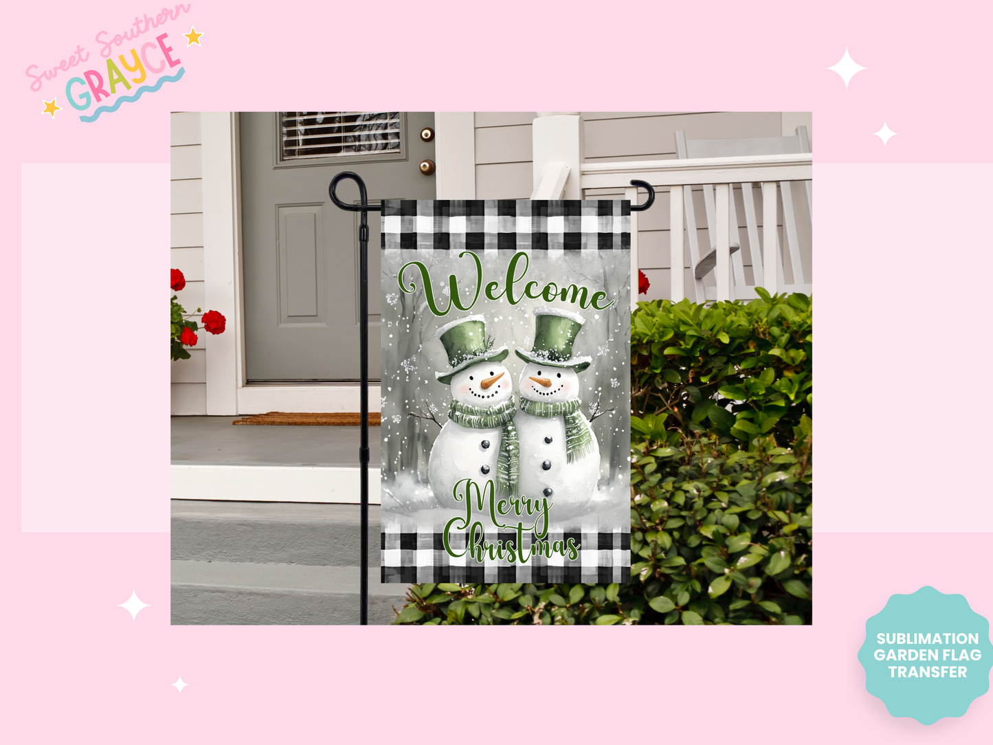 GARDEN FLAG SUBLIMATION TRANSFER - GREEN SNOWMEN