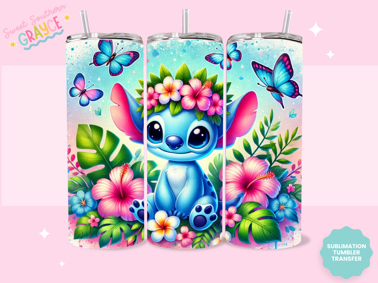 20oz SUBLIMATION TRANSFER - FLORAL BLUE ALIEN SUMMER