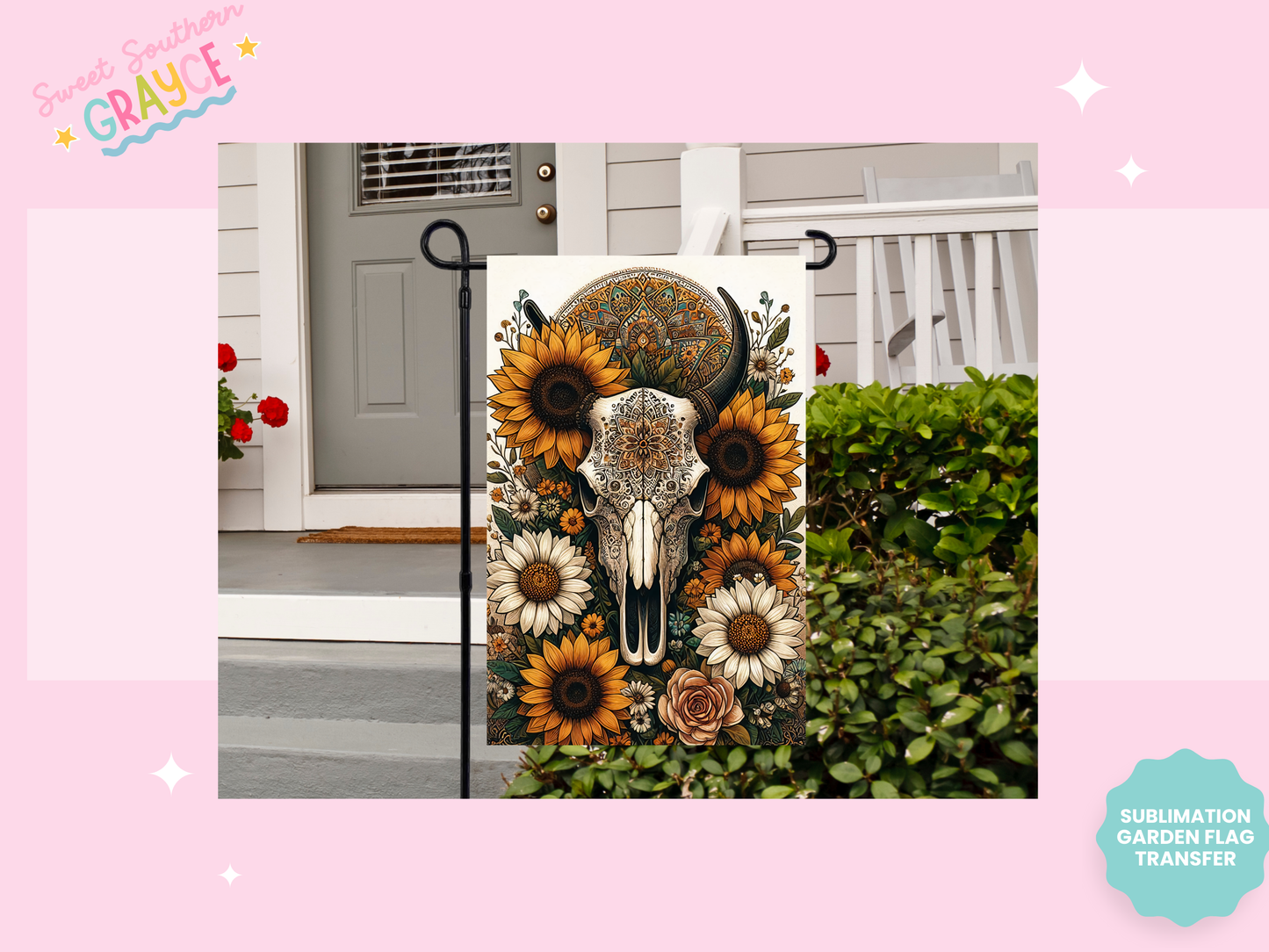 GARDEN FLAG SUBLIMATION TRANSFER - BOHO SUNFLOWER SKULL