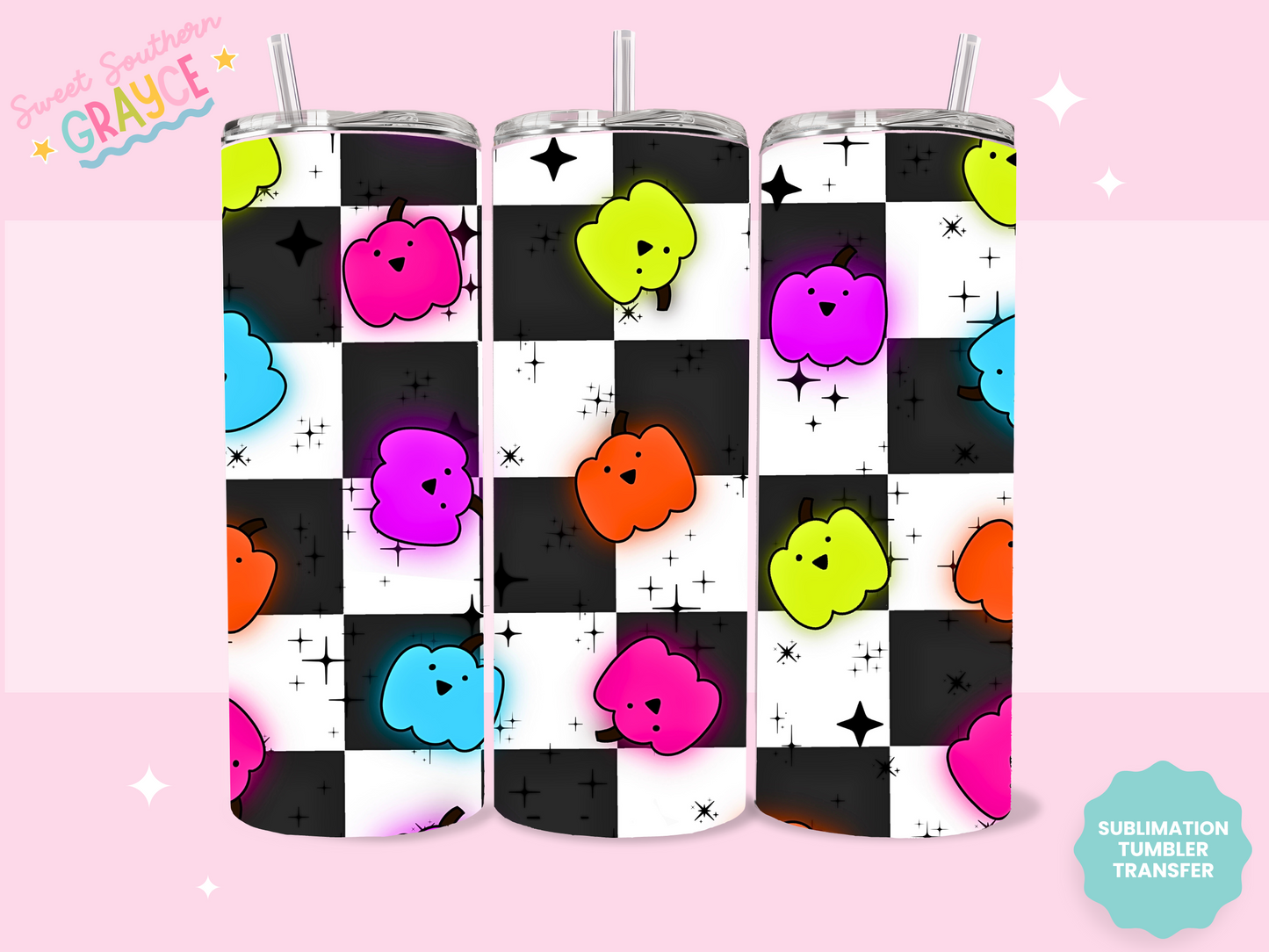 20oz SUBLIMATION TRANSFER - NEON CHECKERED PUMPKINS