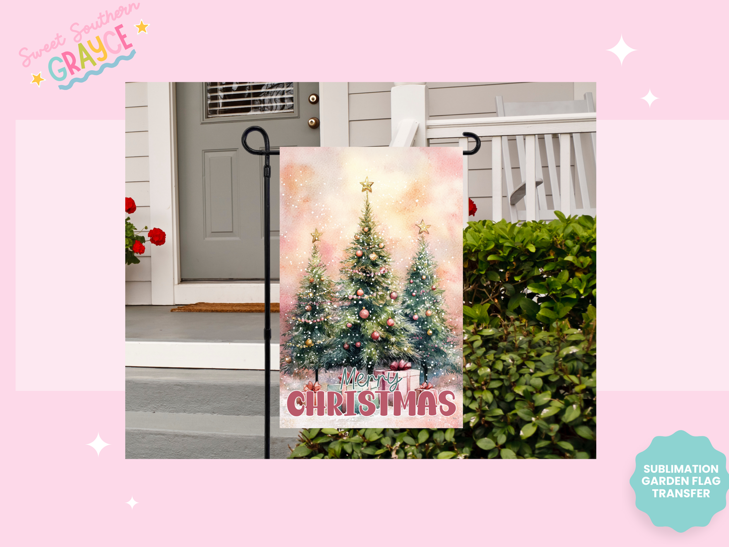 GARDEN FLAG SUBLIMATION TRANSFER - MERRY CHRISTMAS TREES