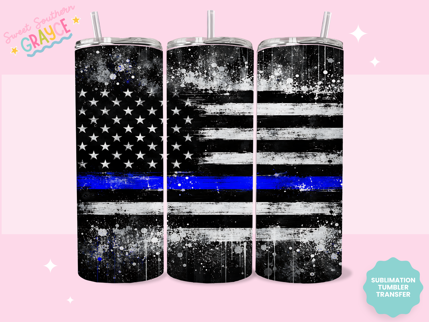 20oz SUBLIMATION TRANSFER- DISTRESSED BLUE LINE FLAG