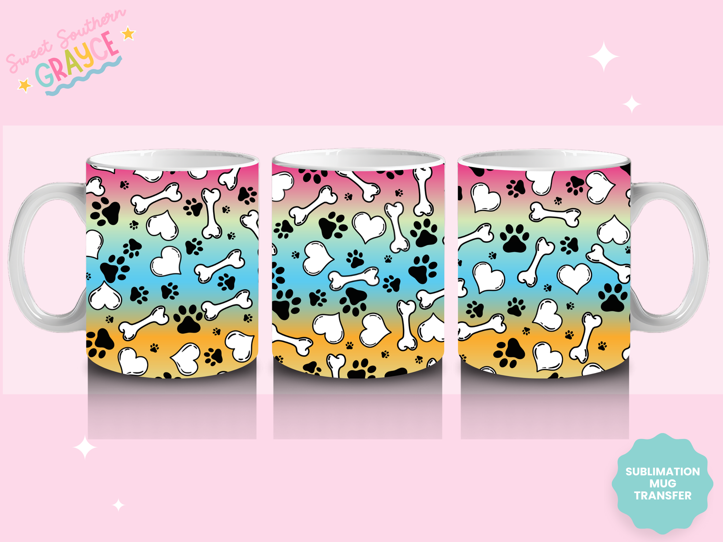 MUG SUBLIMATION TRANSFER - COLORFUL PAWS AND BONES