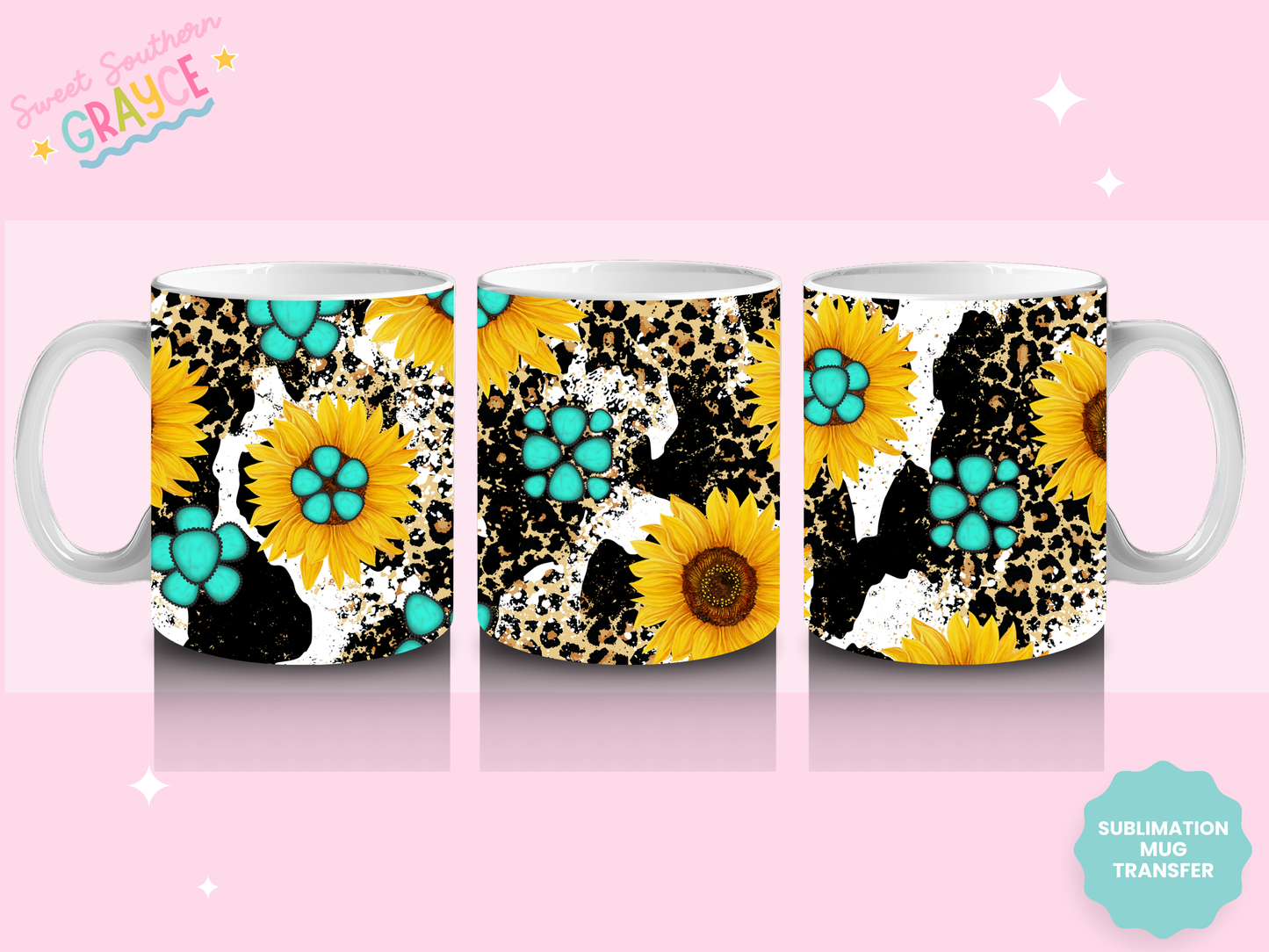 MUG SUBLIMATION TRANSFER - BOHO TURQ SUNFLOWERS