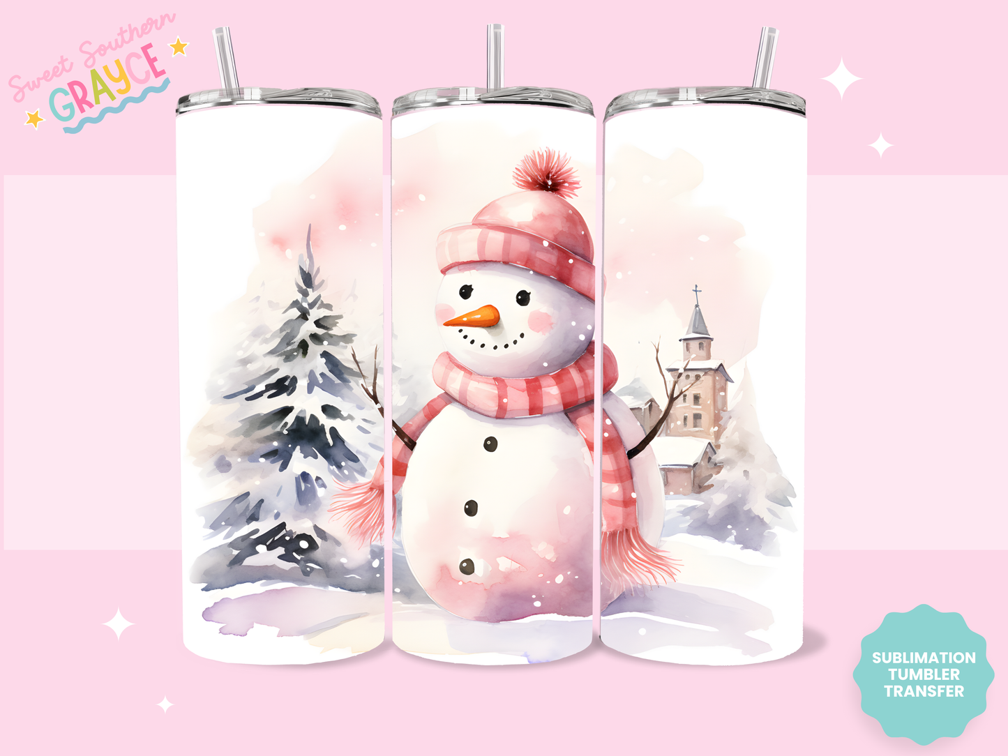 20oz SUBLIMATION TRANSFER - PINK SNOWMAN
