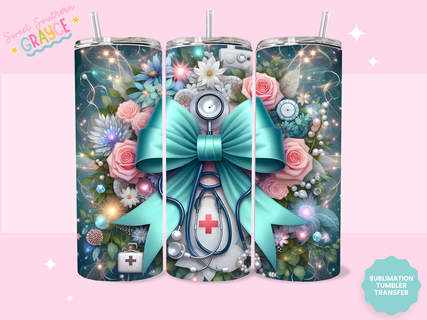 20oz SUBLIMATION TRANSFER - NURSING BOW AND FLOWERS